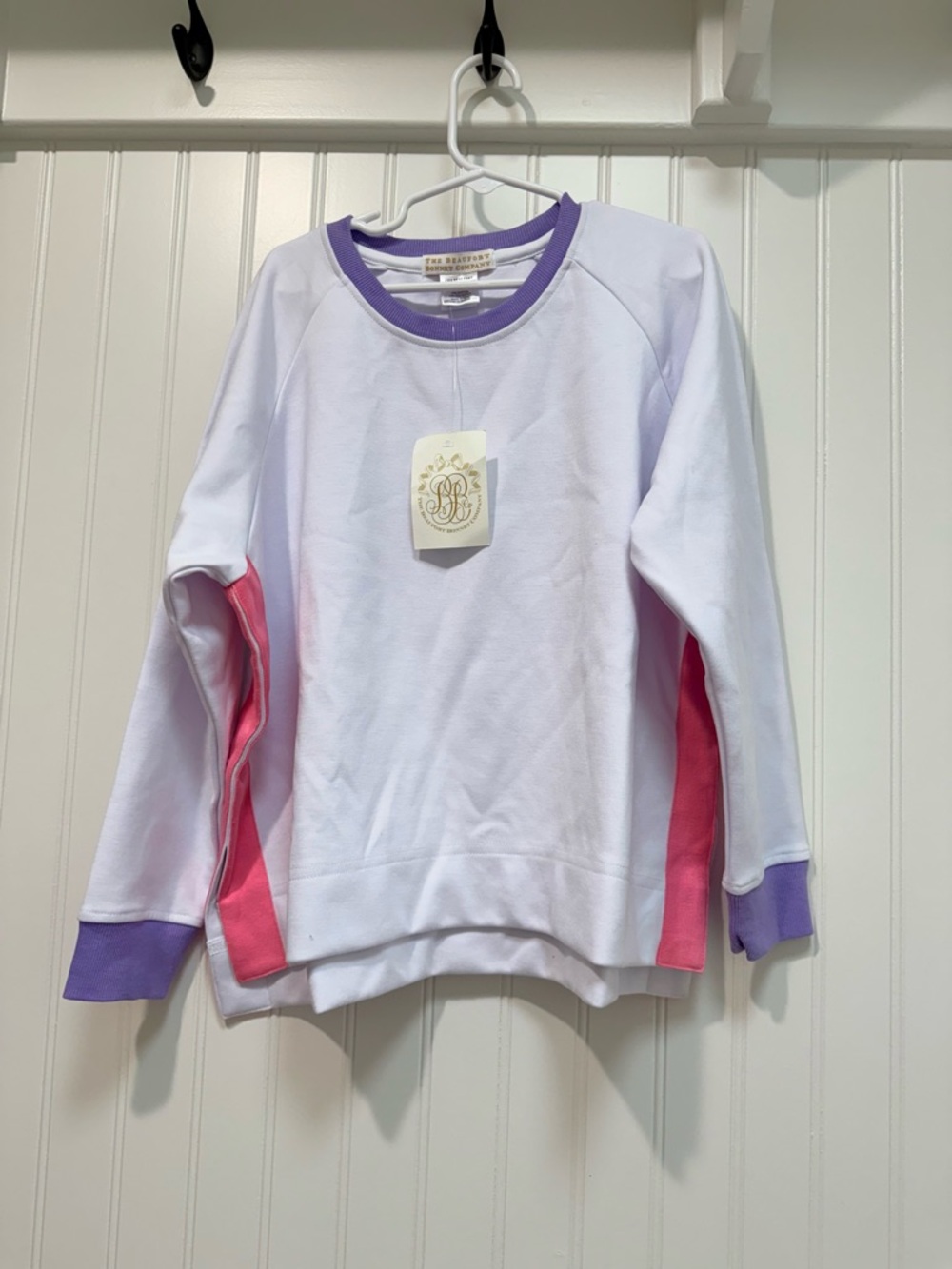 The Beaufort Bonnet Company White Pullover with Purple Trim & Pink Panels